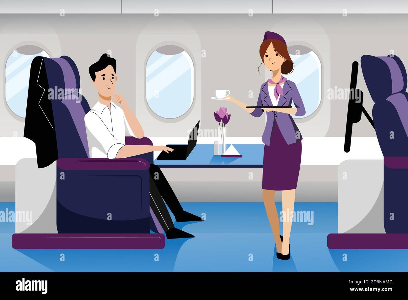 Young guy travel by airplane in business class. Vector flat cartoon illustration. First-class plane interior with comfortable seat. Stewardess serving Stock Vector