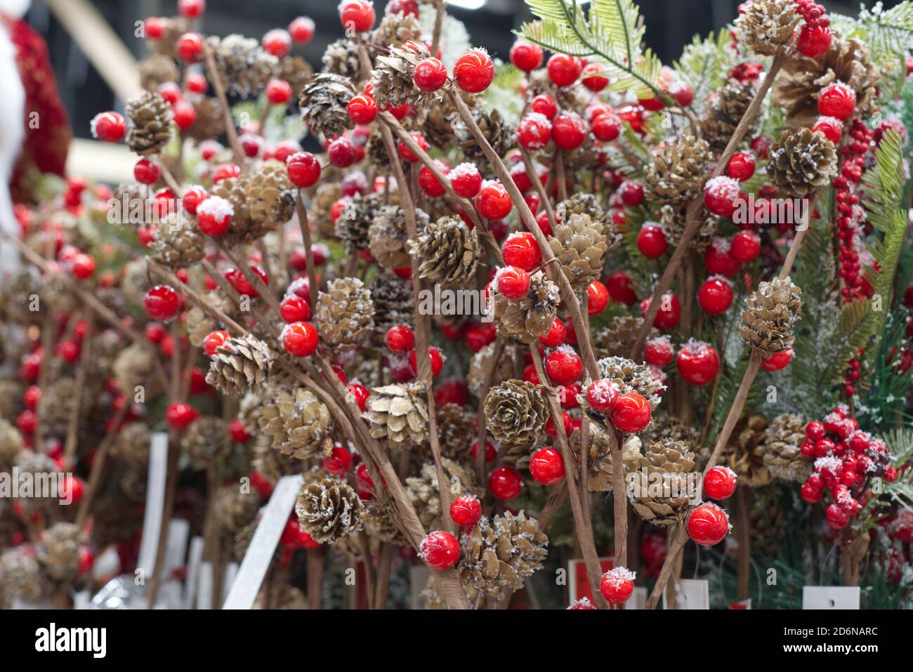 Christmas composition of red rowan and small fir cones Stock Photo - Alamy