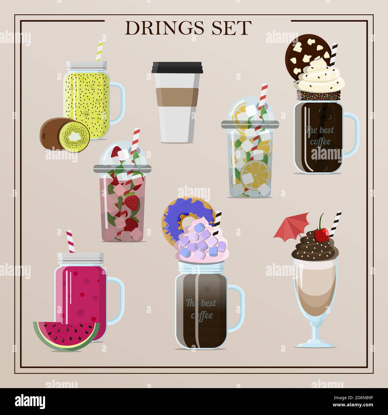Set of different delicious vector drinks cocktails, coffee, smoothies, tea, milkshake, lemonade, ice coffee. Flat illustration of insulated glasses, glasses, mugs and plastic cups for cold and hot drinks. Drinks with cream, fruit, toppings, a straw and a cocktail umbrella for a summer party and relaxation. Stock Vector