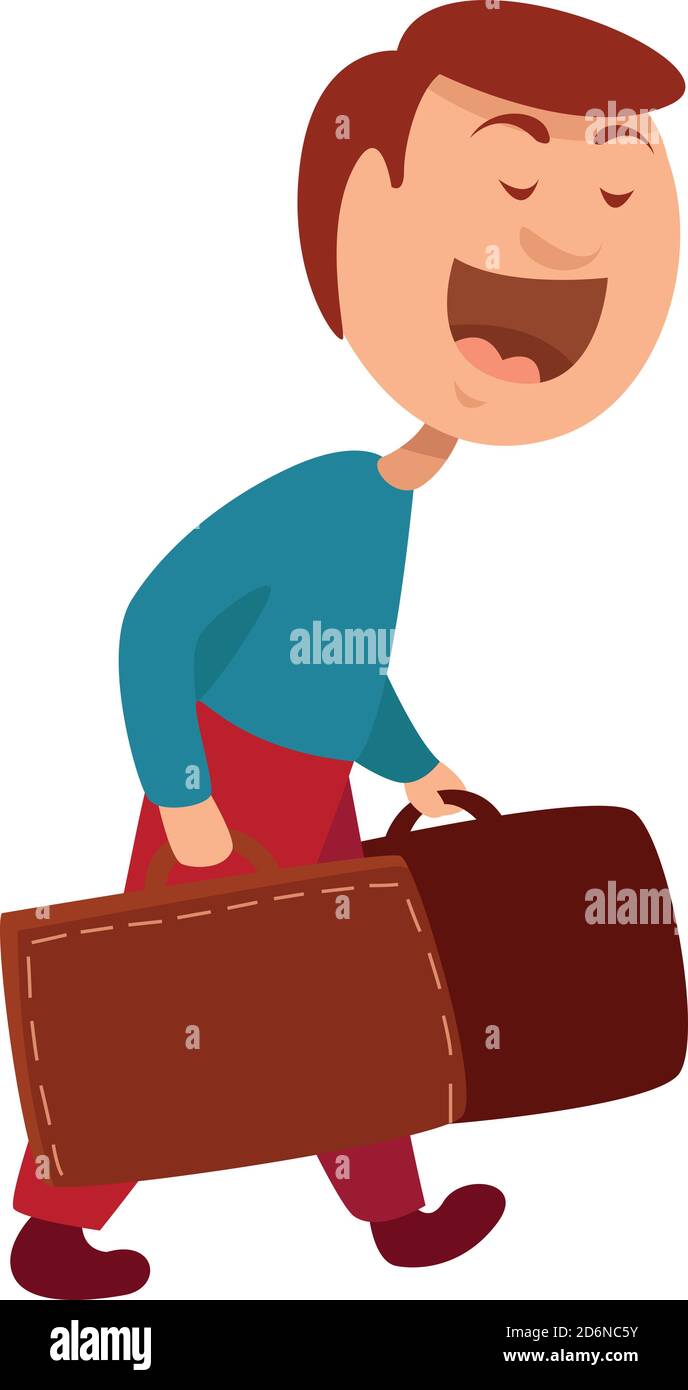 Man with heavy suitcase, illustration, vector on white background Stock Vector