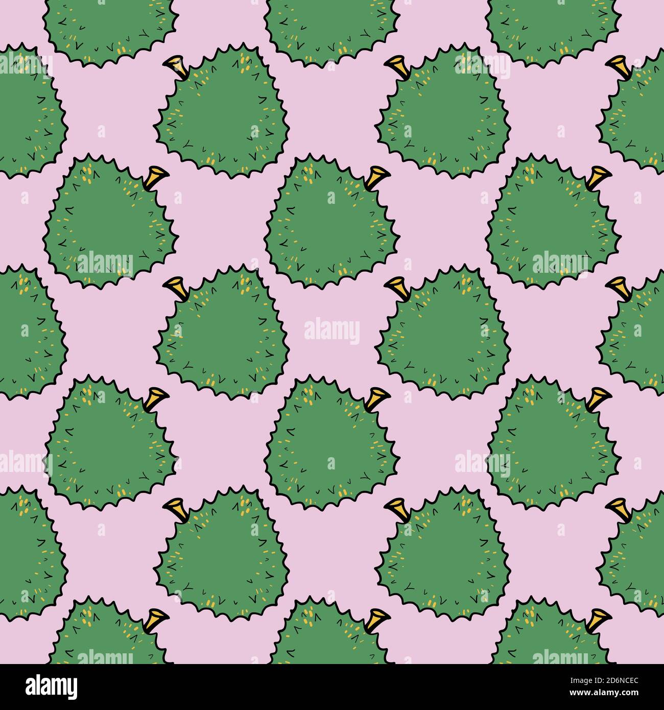 Green delicious durian, seamless pattern on pink background. Stock Vector