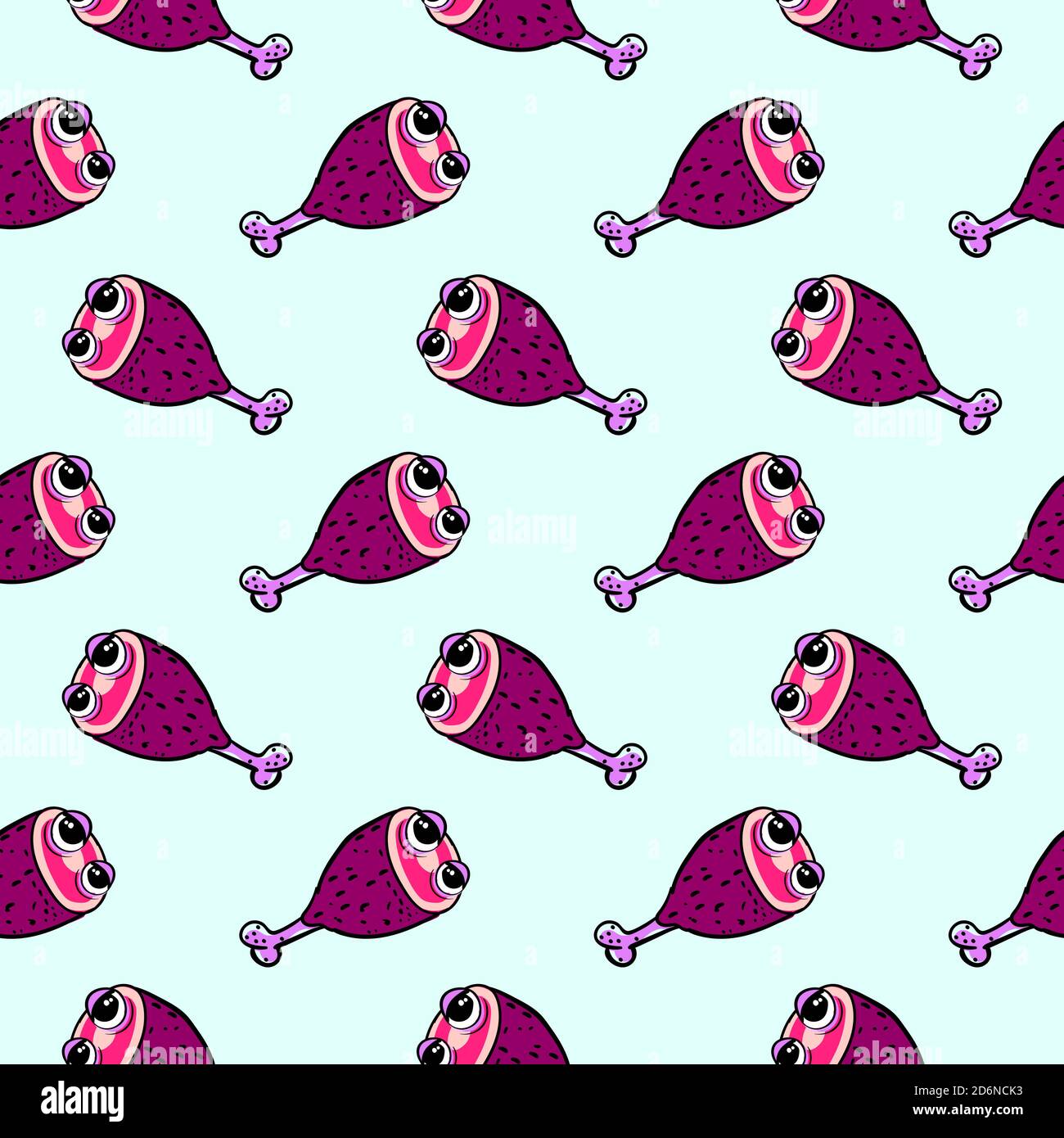 Chicken drumstick with eyes, seamless pattern on light blue background. Stock Vector
