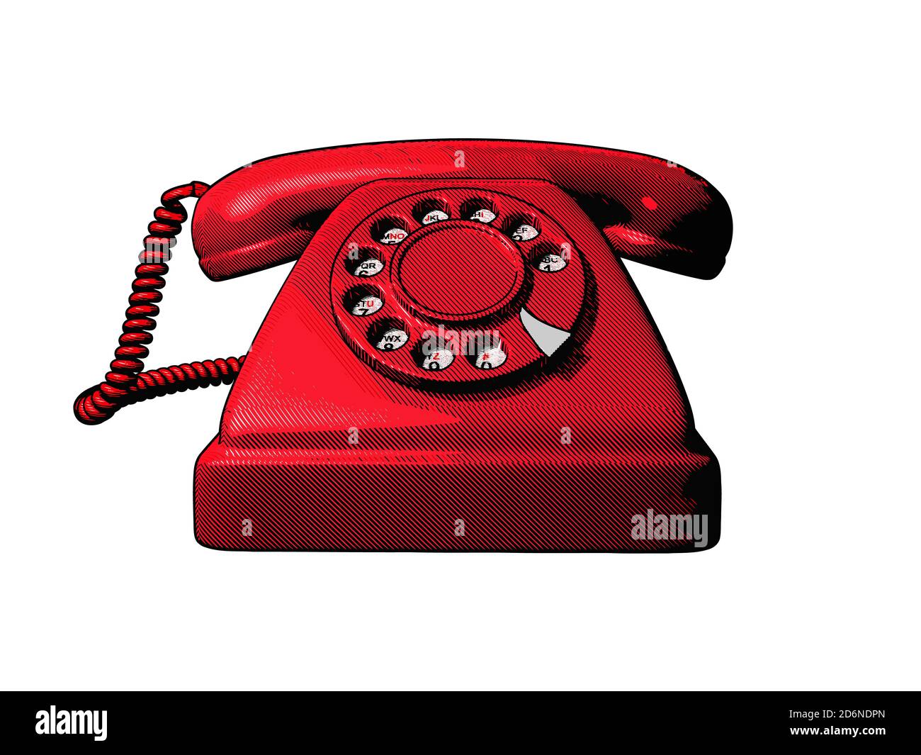 Red vintage old telephone vector engraving drawing in front view