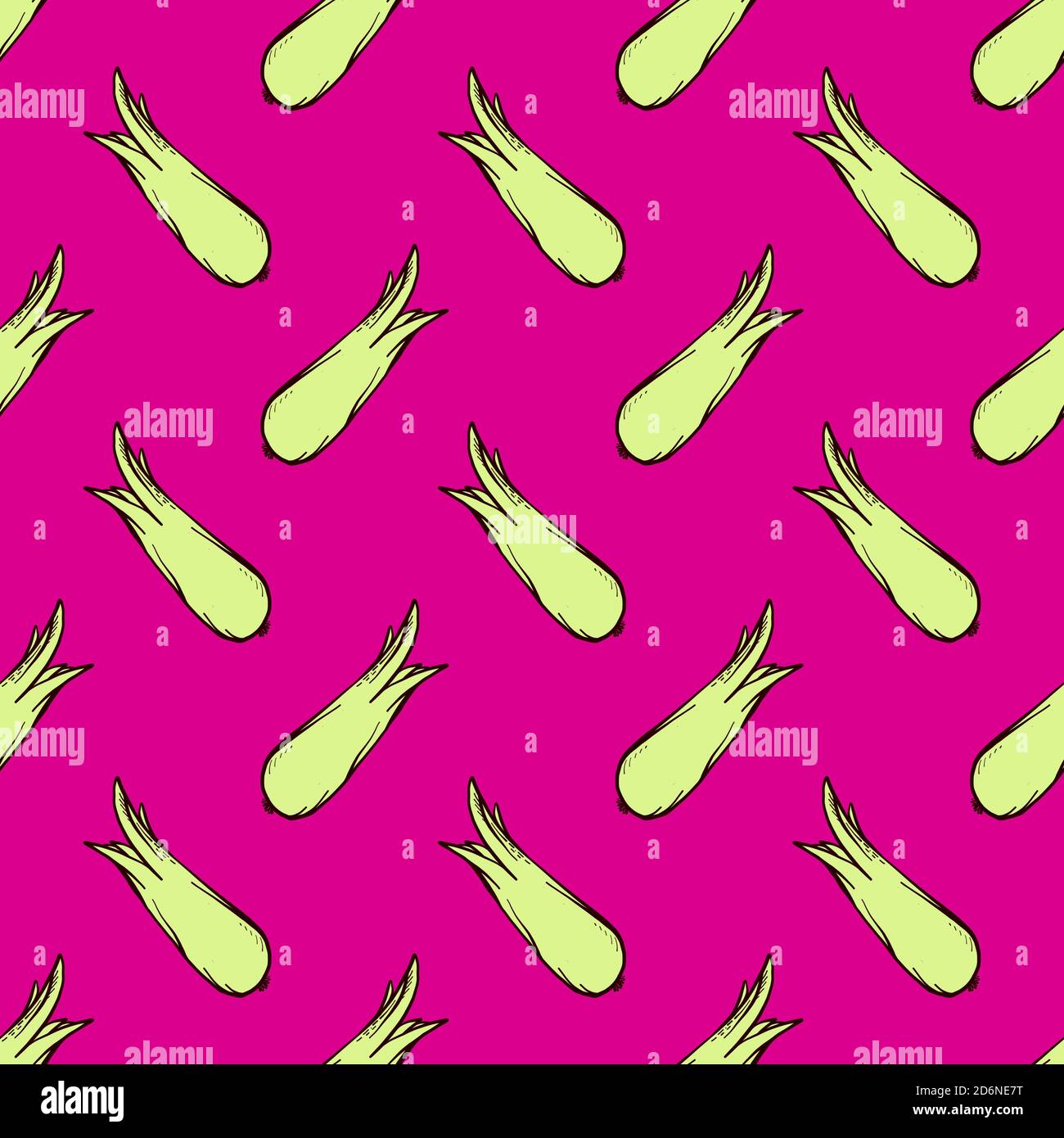 Green leek, seamless pattern on pink background. Stock Vector