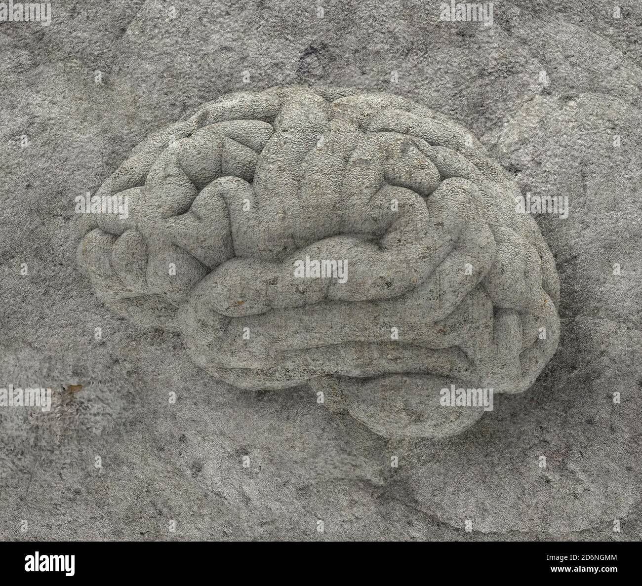 3D human brain sculpture stone relief on the wall rendering with clipping path for diecut to use in any backdrop Stock Photo
