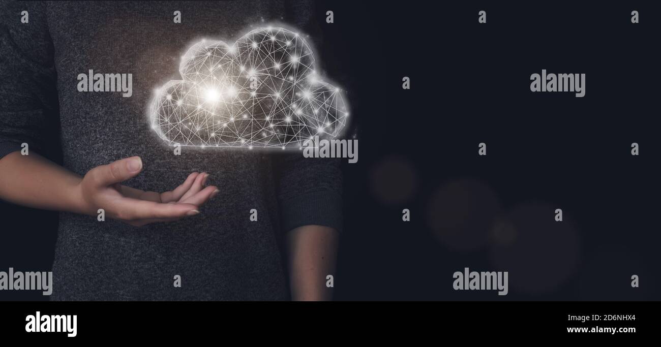 Hand holding cloud icon, connect to data. Cloud technology. Data storage. Networking and internet service concept. Concept cloud internet connections Stock Photo