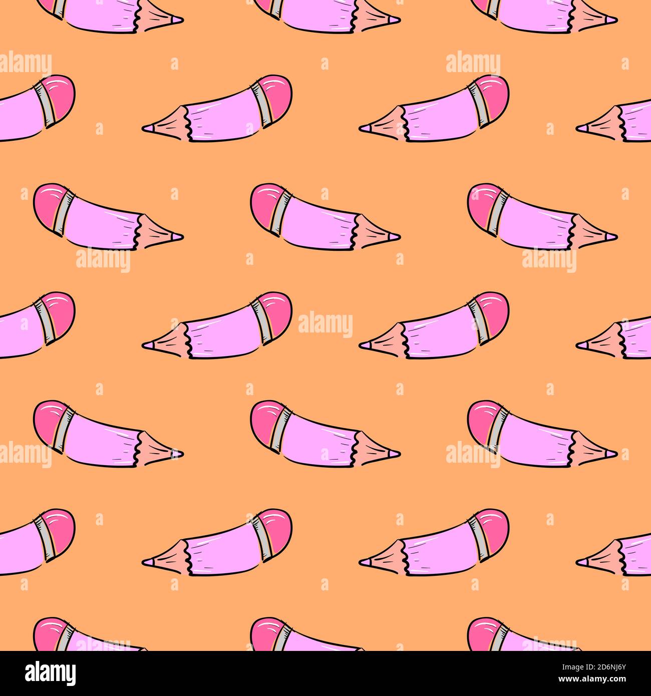 Pink pencils, seamless pattern on orange background. Stock Vector
