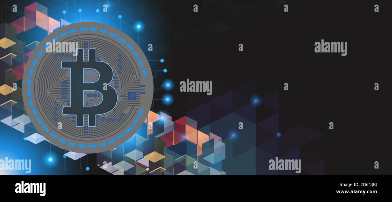 Bitcoin and blockchain technology concept in colorful on black template ...