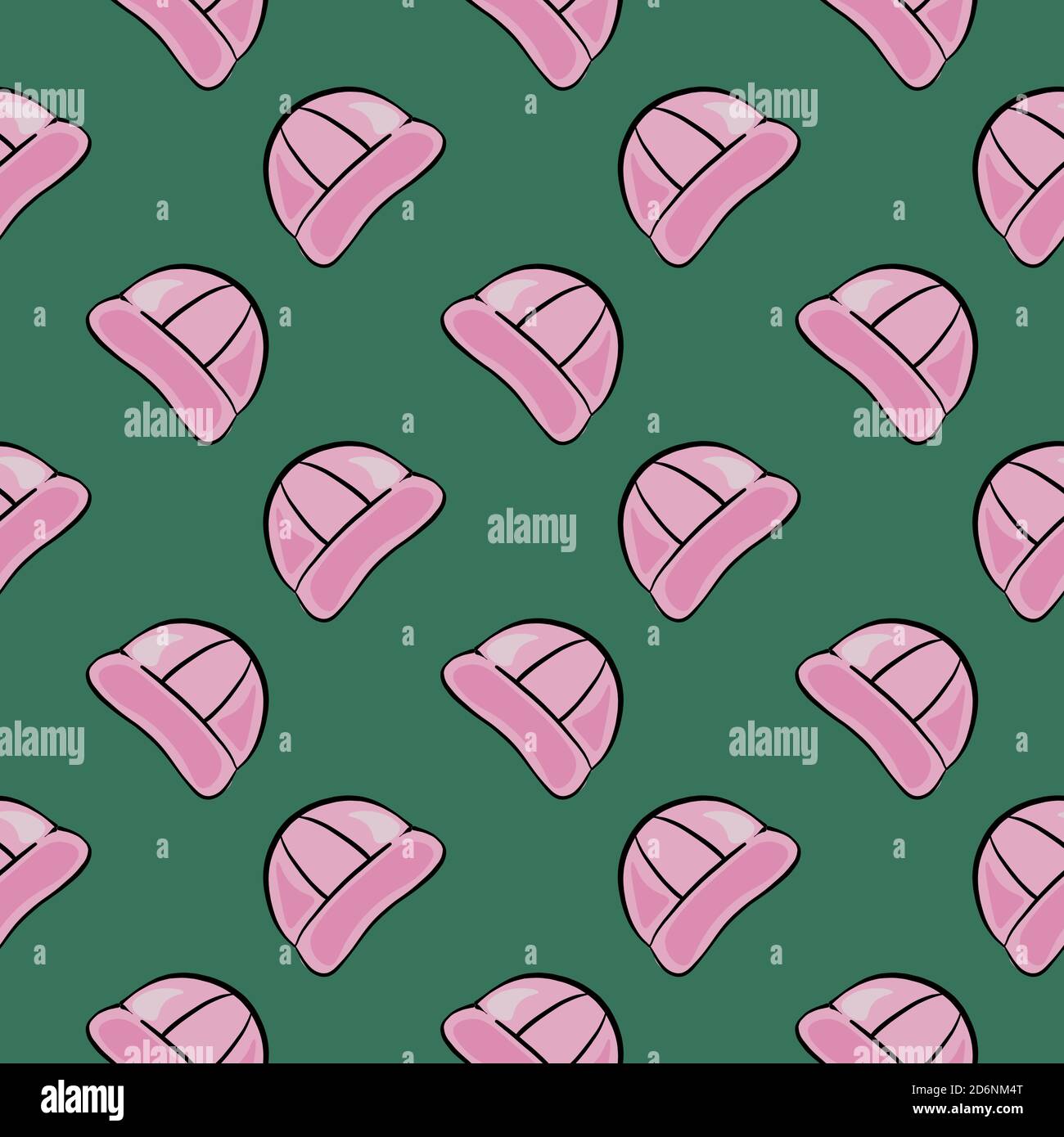 Pink cap, seamless pattern on green background. Stock Vector