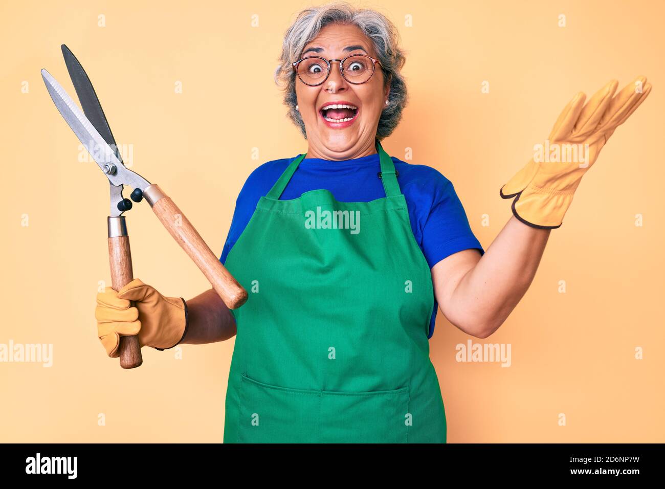 Senior hispanic woman wearing gardener apron and gloves holding shears ...