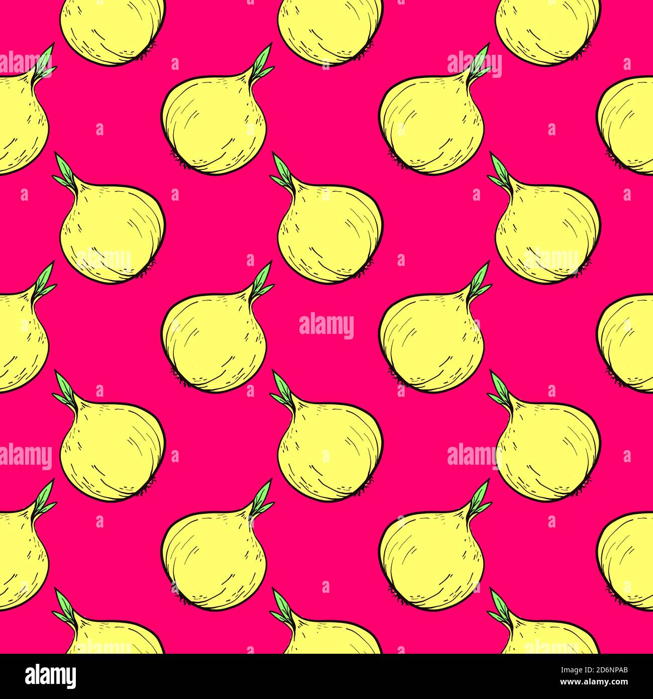 Yellow onions, seamless pattern on pink background. Stock Vector