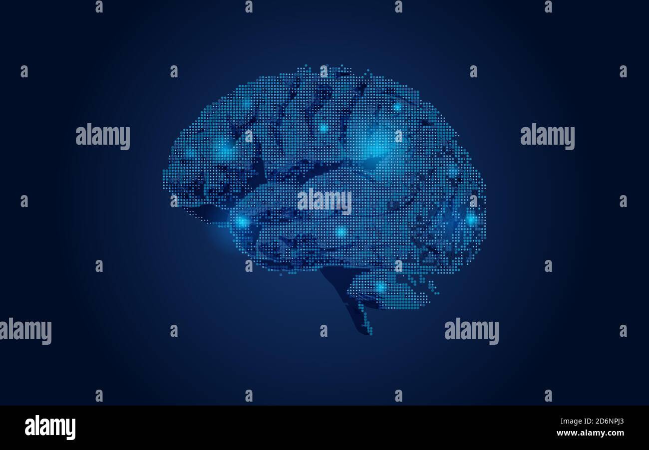 Digital graphic brain illustration glowing on dark blue background ...