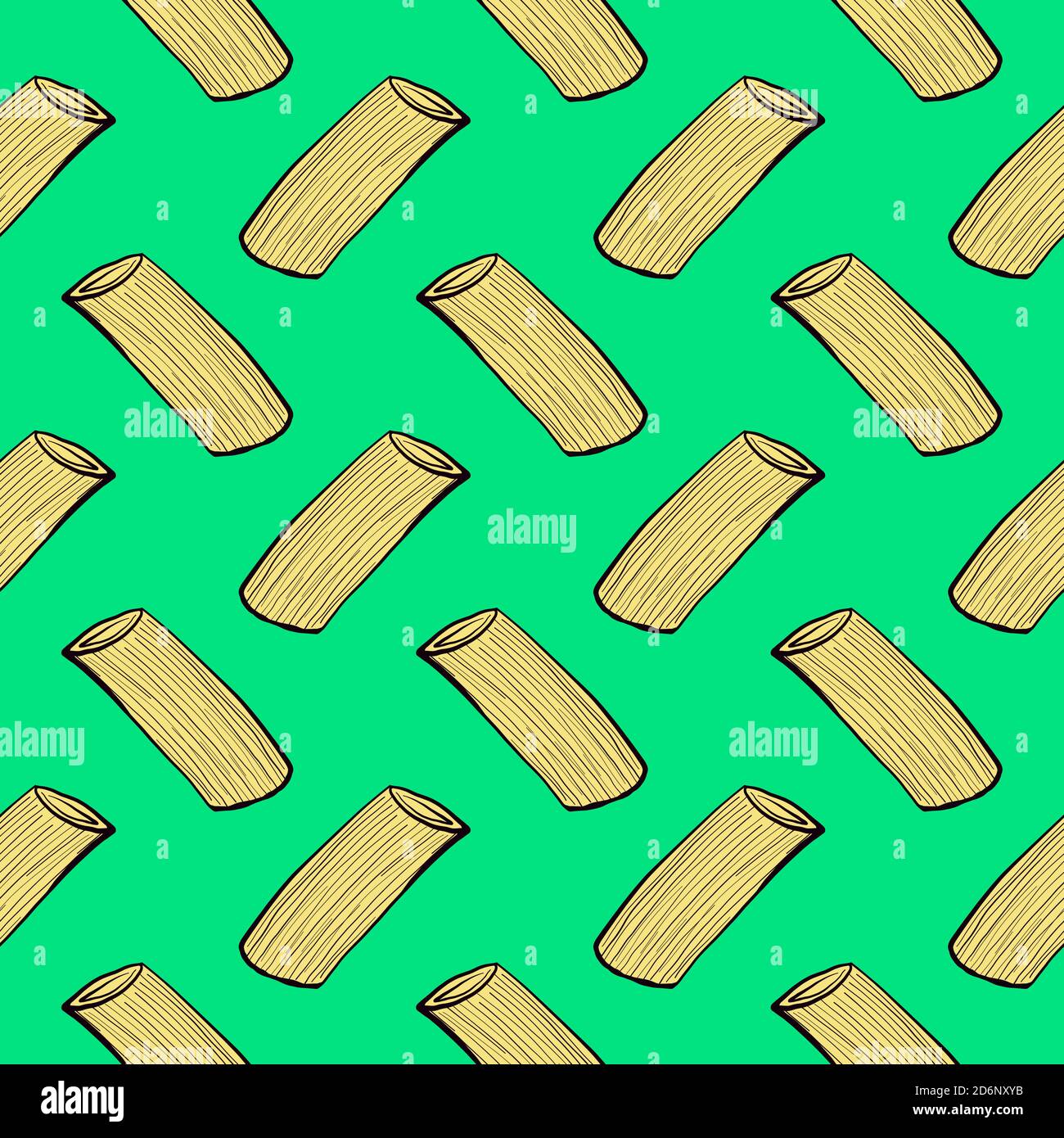 Pasta penne, seamless pattern on green background. Stock Vector