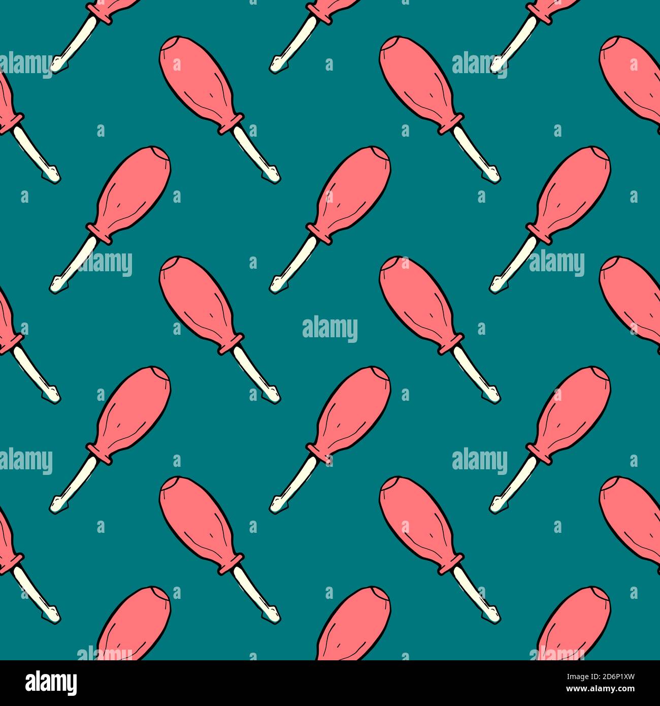Red screwdriver, seamless pattern on dark green background. Stock Vector