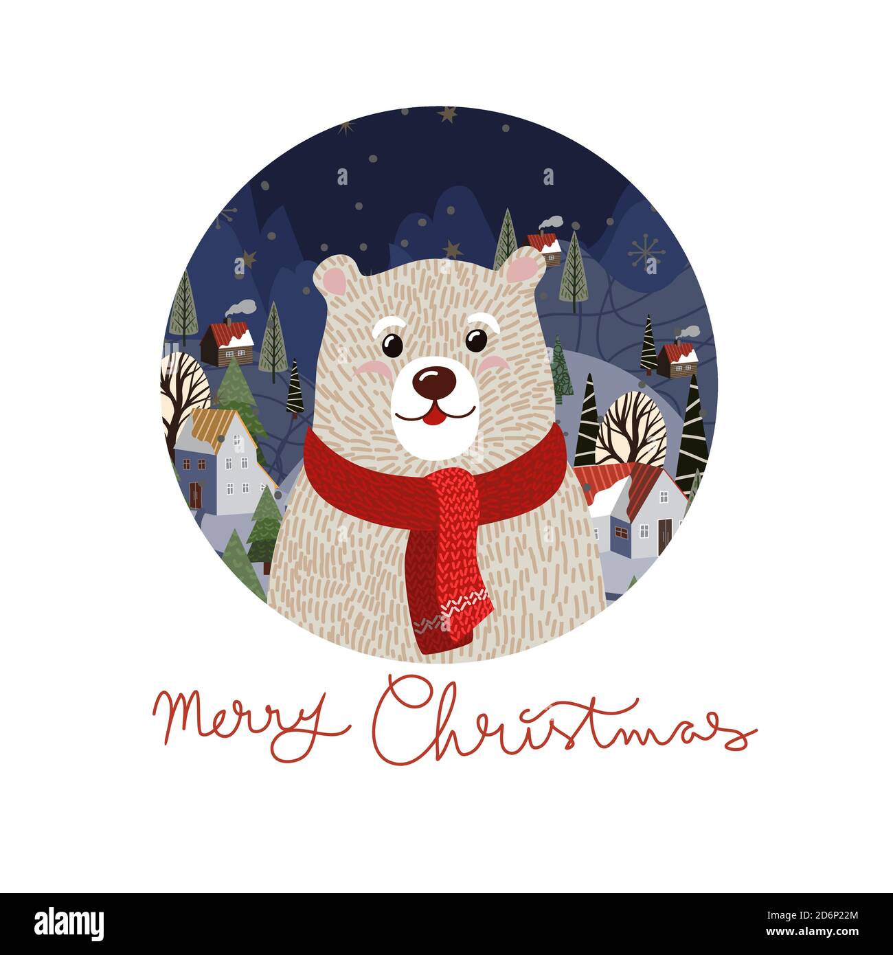 Christmas card with cute polar bear in a red scarf. Vector cartoon flat illustration. Stock Vector