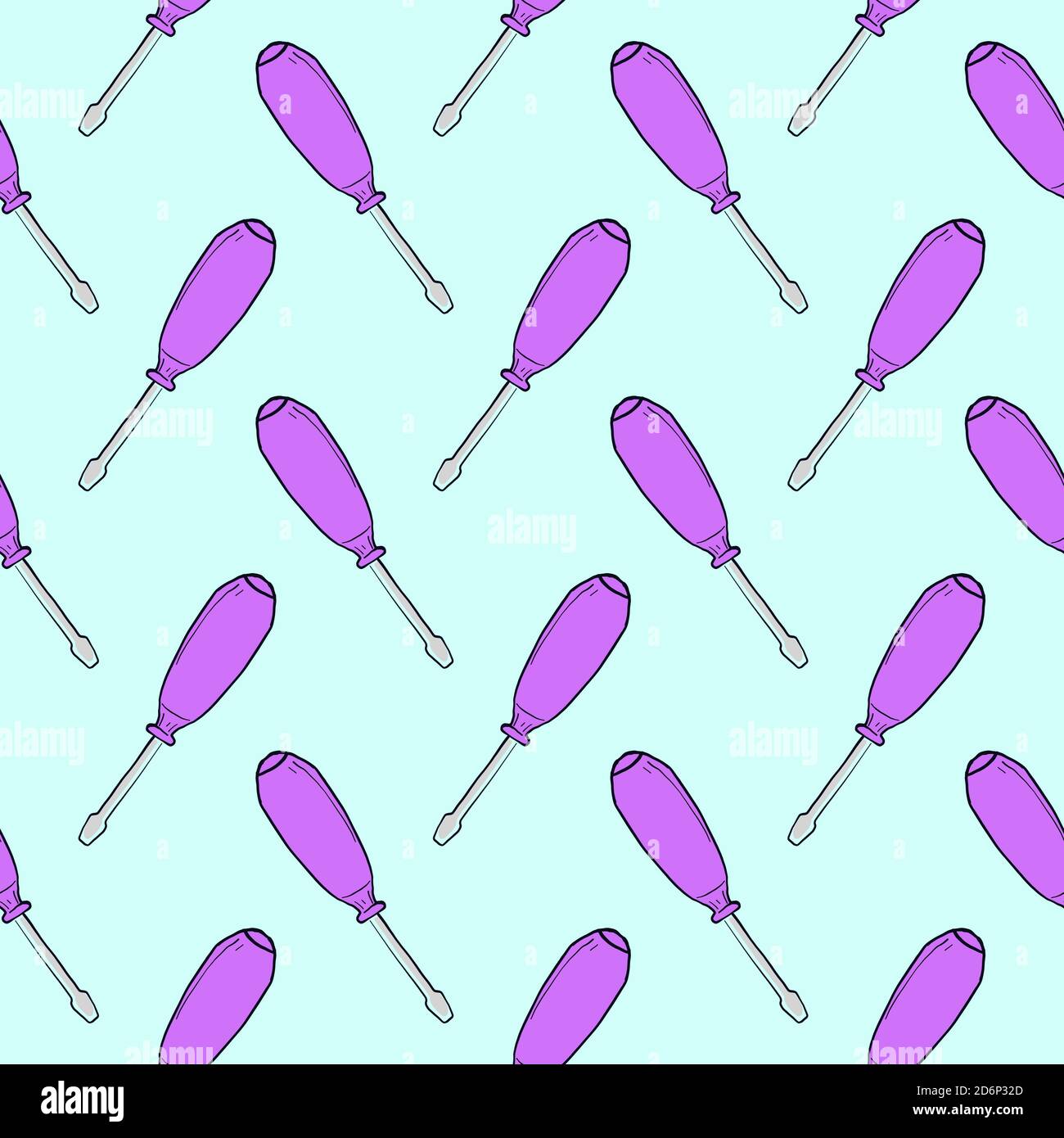 Purple screwdriver, seamless pattern on blue background. Stock Vector