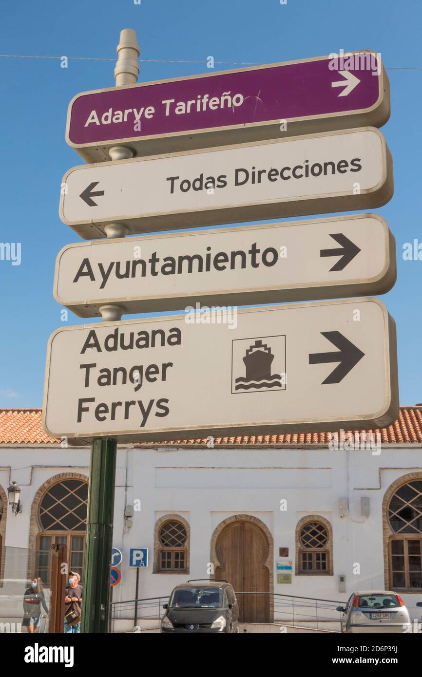 Signpost in Tarifa, Ferry, Customs, Town hall, Andalucia, Spain Stock Photo