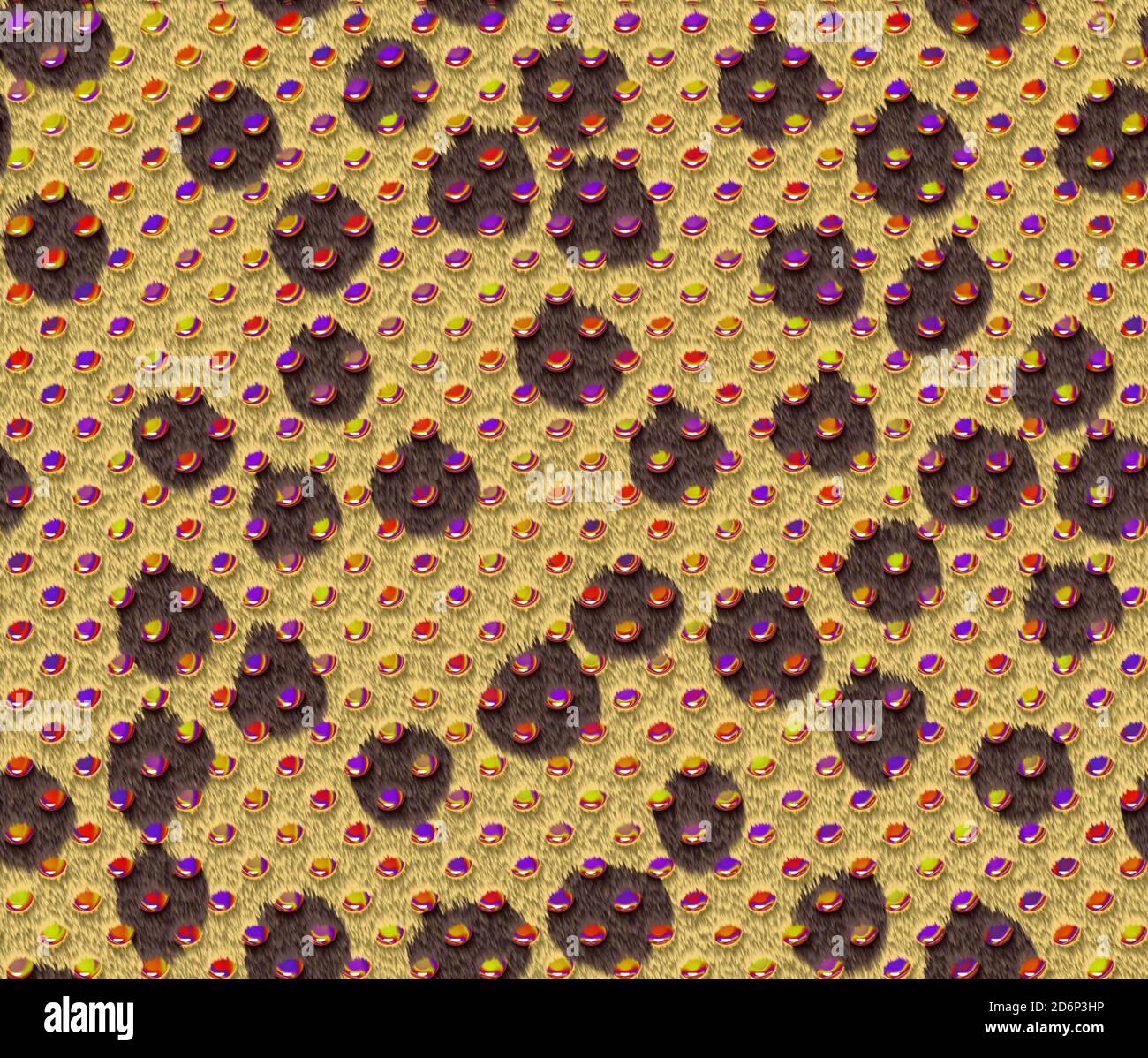 Yellow leopard fur with small round brown spots and red, purple, yellow and orange sparkling brilliants.Seamless pattern Stock Photo