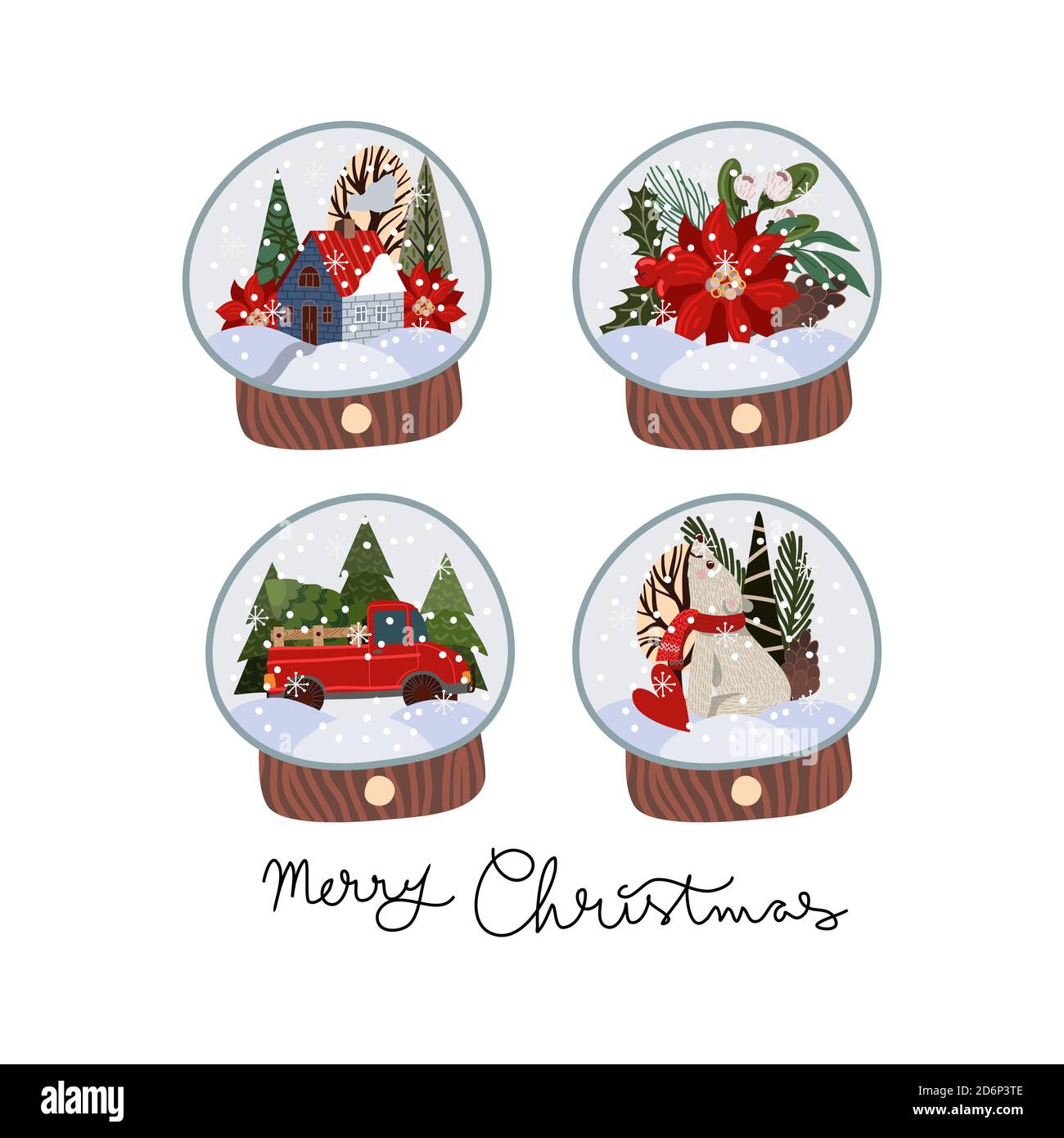 Set of glass balls with snow and Christmas decor. Vector cartoon flat ...