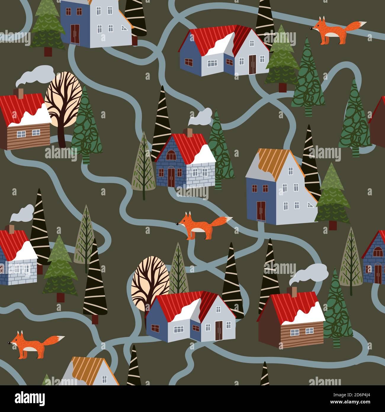 Seamless pattern with winter mountain landscape and small houses. Vector. Stock Vector