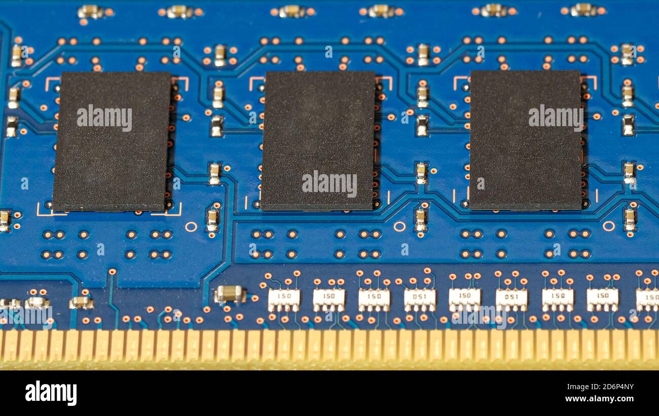 Ddr4 ram printed circuit and memory micro chips close up detail,Tech pc components Stock Photo