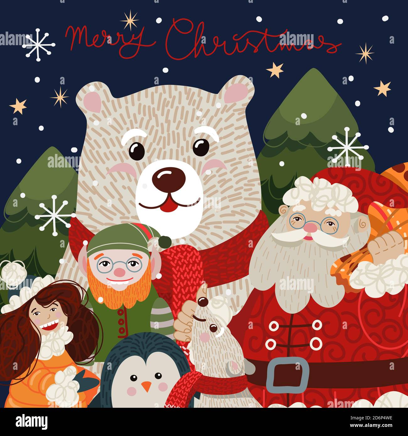 Christmas card with cute polar bear in a red scarf. Vector cartoon flat illustration. Stock Vector