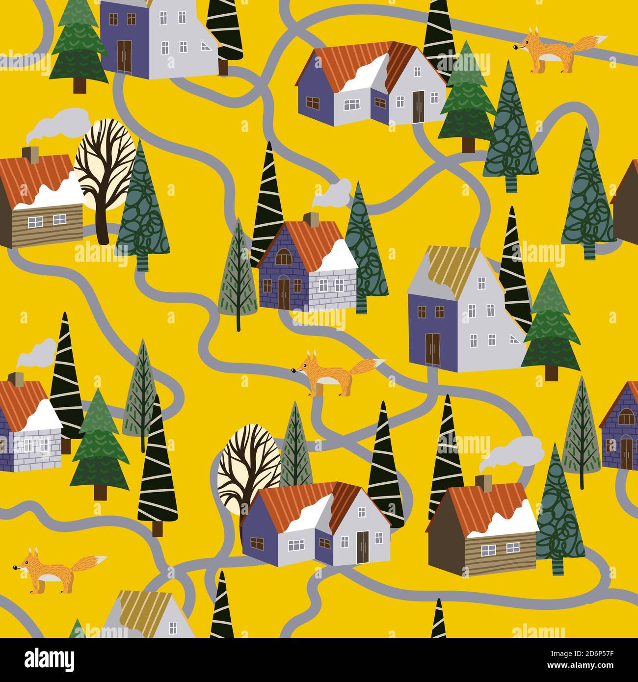 Seamless pattern with winter mountain landscape and small houses ...