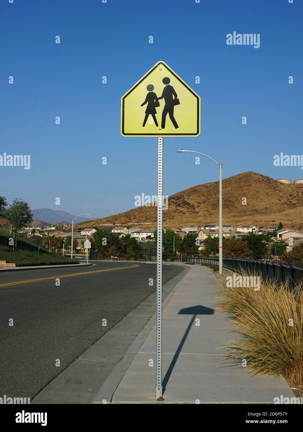 Wide angle view of school crossing sign Stock Photo