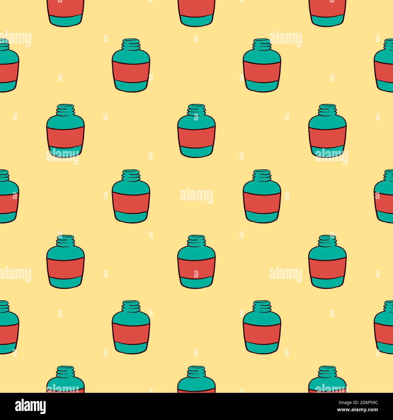 Little green bottle,seamless pattern on beige background. Stock Vector
