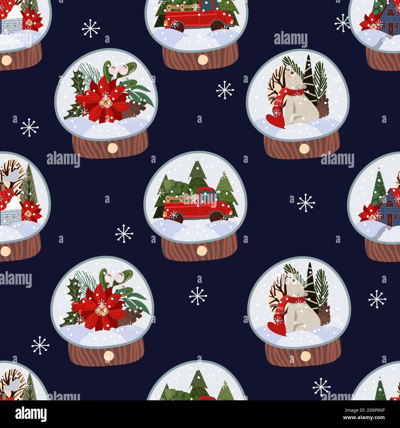 Seamless pattern with glass balls with snow and Christmas decor. Vector ...