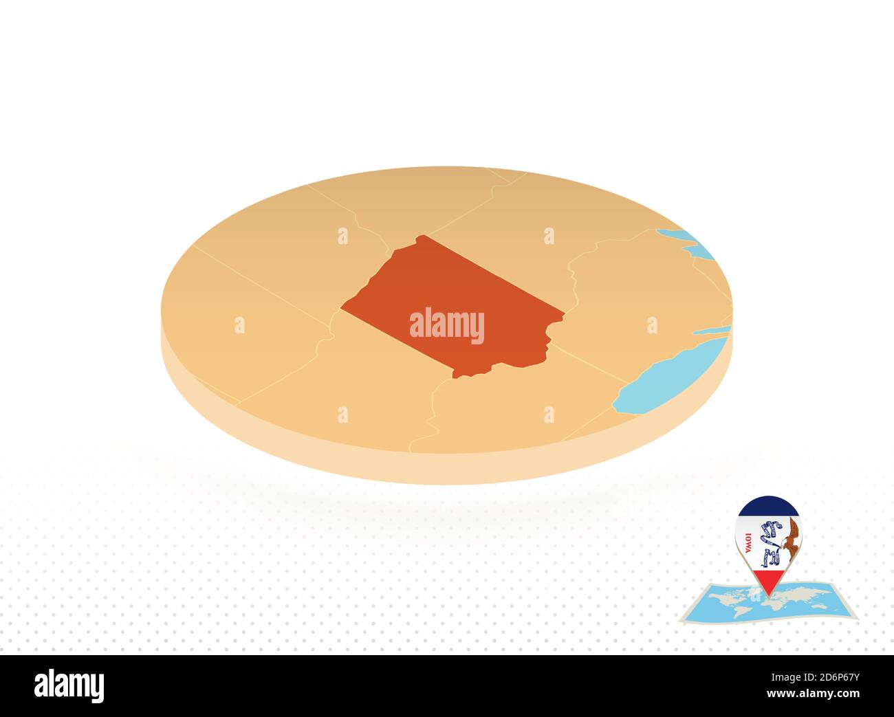 Iowa state map designed in isometric style, orange circle map of US ...