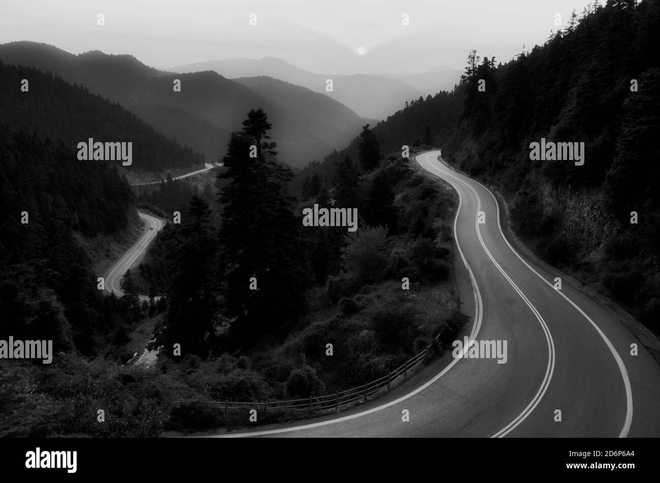 landscape mountain winding road in black and white, Greece Stock Photo ...