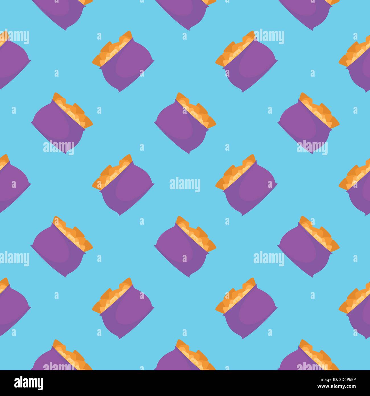 Bag of chips seamless pattern on light blue background. Stock Vector