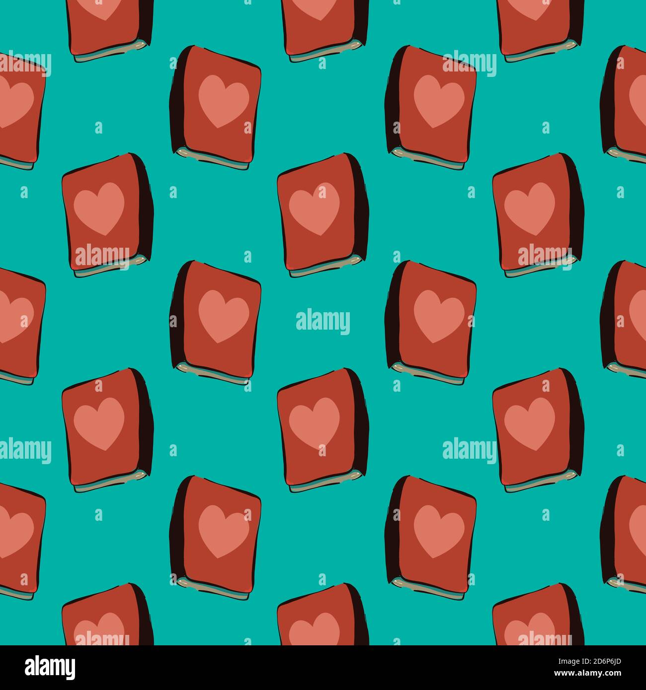 Books with hearts,seamless pattern on mint green background. Stock Vector