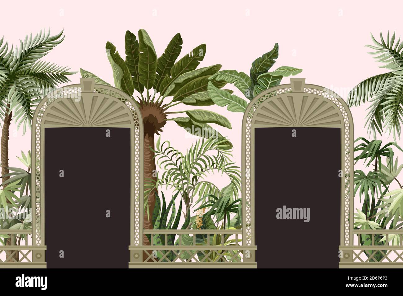 Border with tropical trees and door openings in a garden style. Trendy interior print Stock Vector