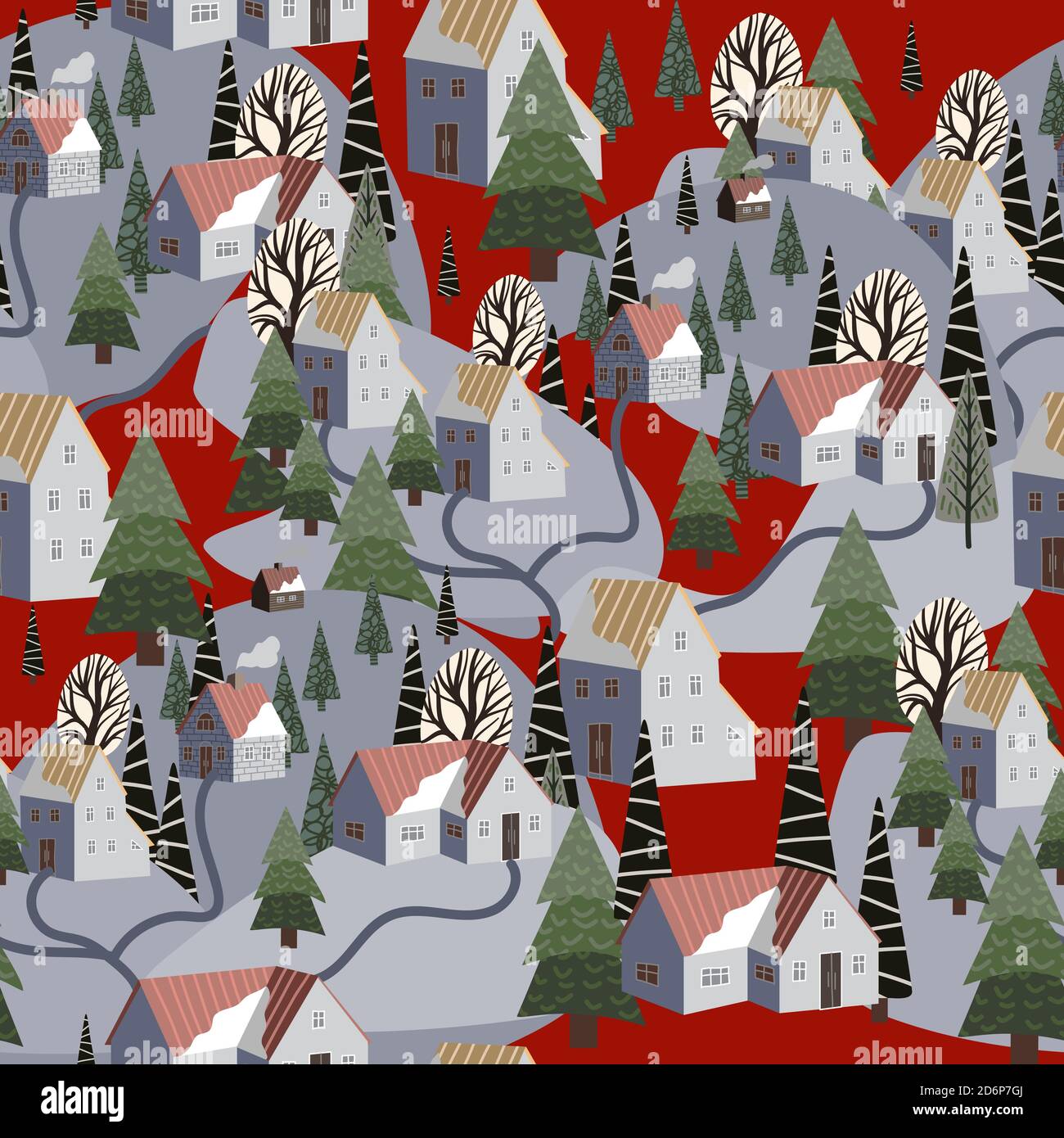 Seamless pattern with winter mountain landscape and small houses. Vector. Stock Vector