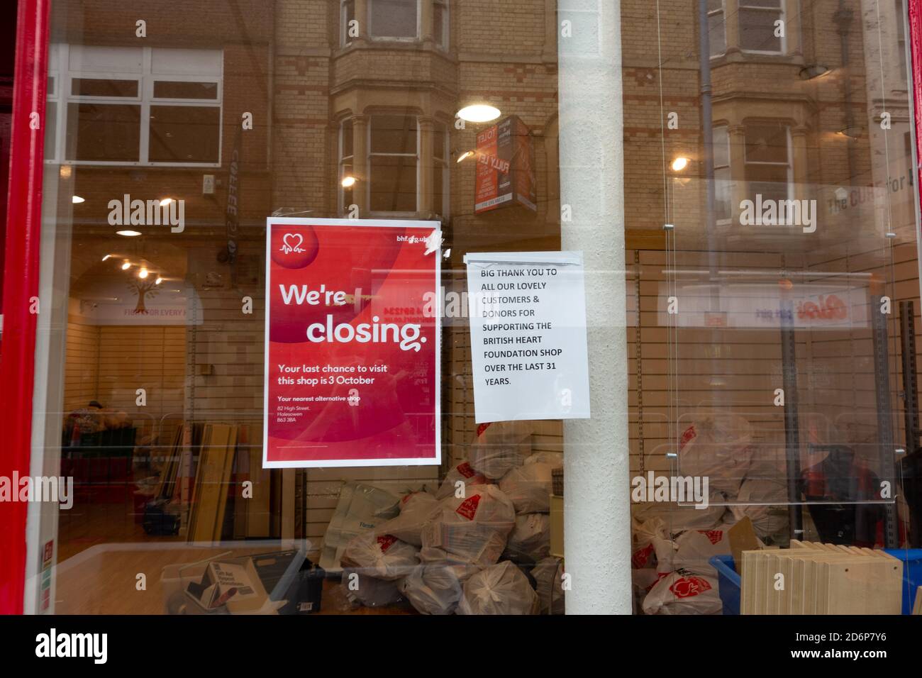 British Heart Foundation shop  closing down. Stourbridge town centre. October 2020. UK Stock Photo