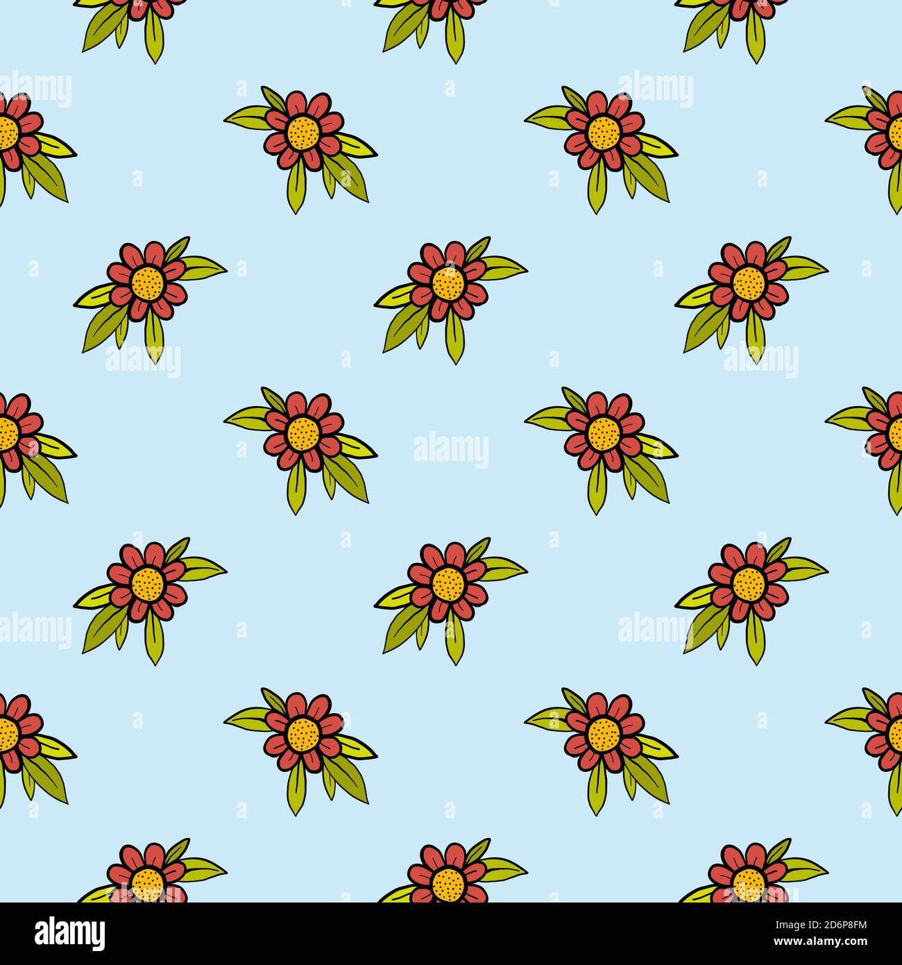 Cute orange flowers with leaves,seamless pattern on blue background ...