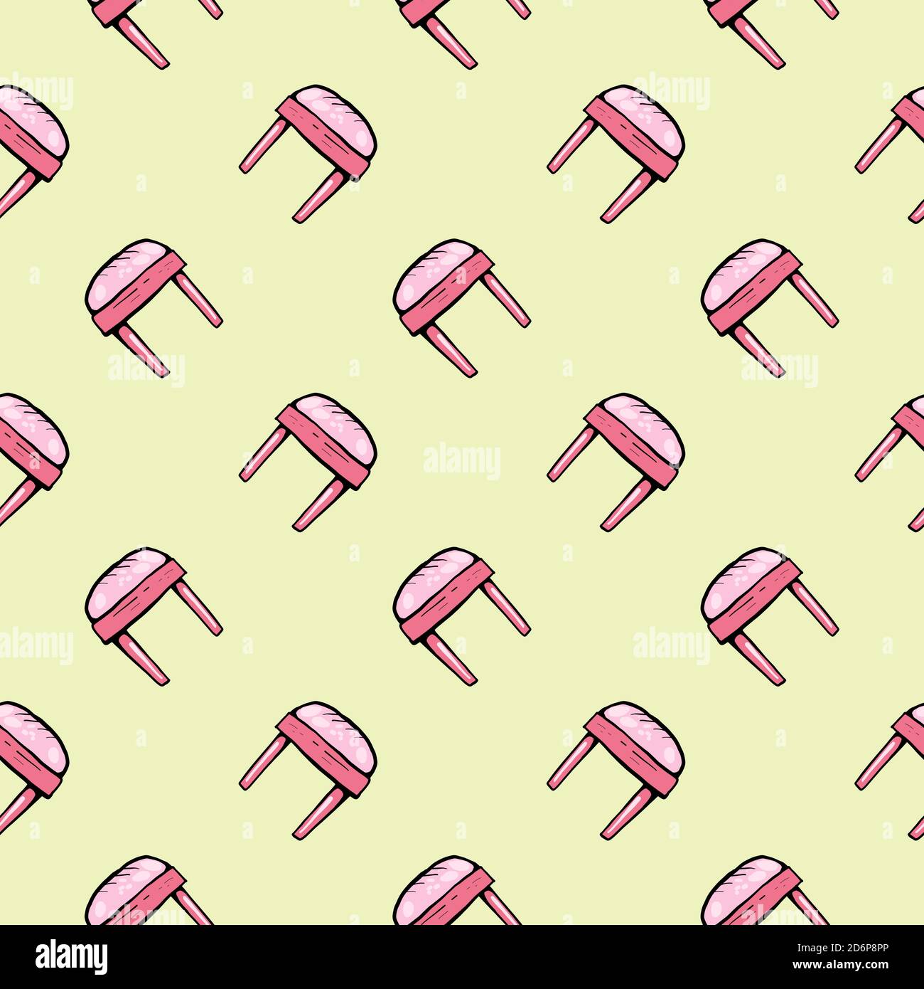 Small pink chairs,seamless pattern on light yellow background. Stock Vector