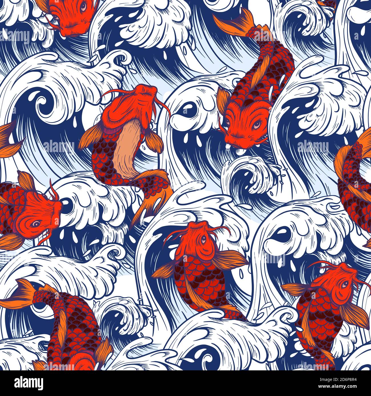 Seamless pattern with fish koi. Japanese vintage print Stock Vector
