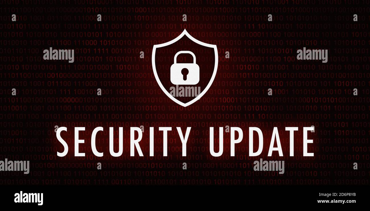 Banner Security Update - Shield icon on background with binary code. Stock Photo