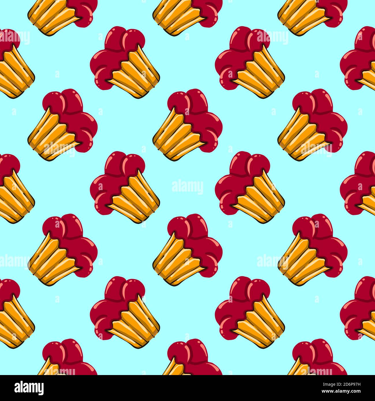 Red velvet cupcake,seamless pattern on light blue background. Stock Vector