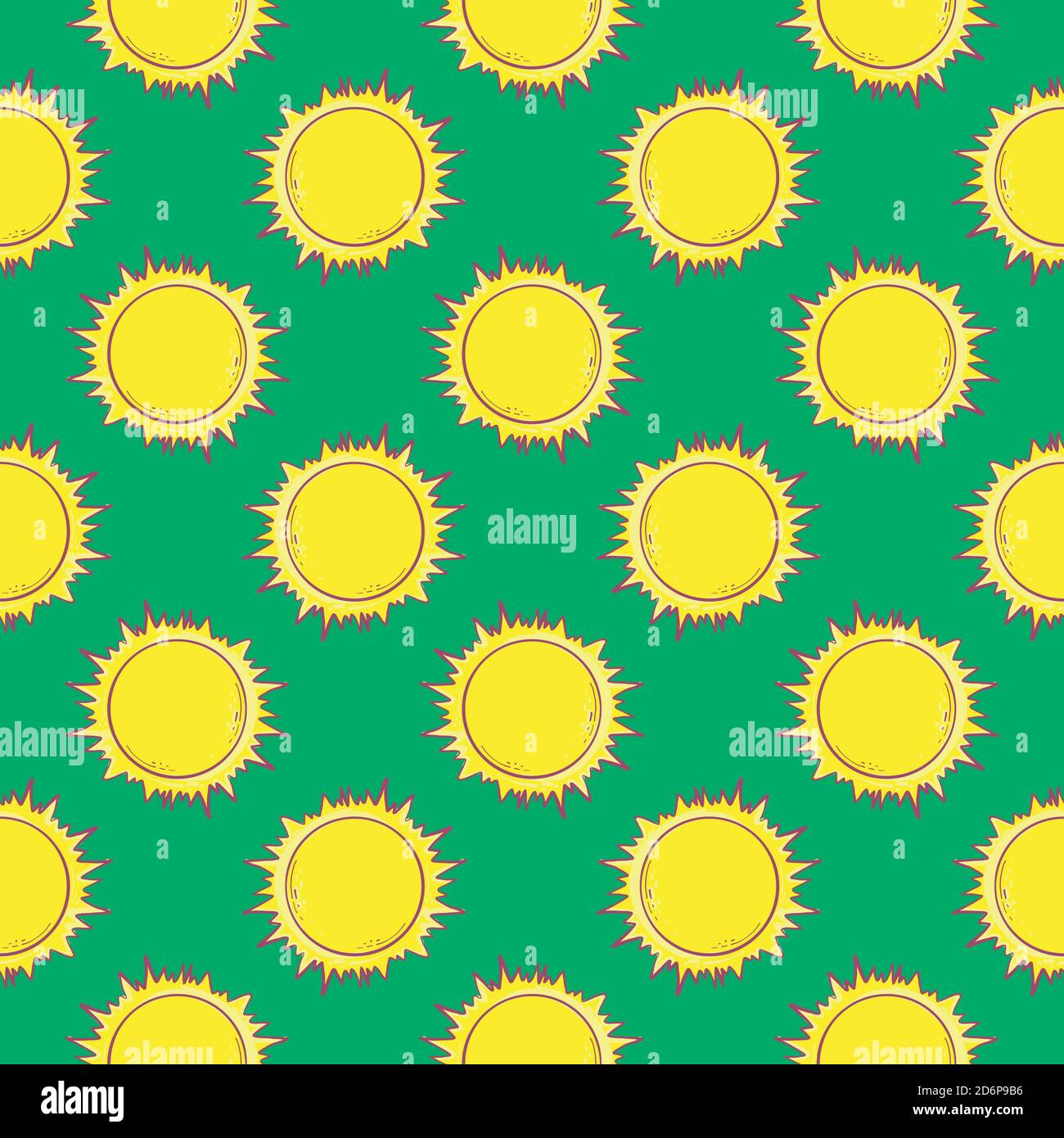 Hot yellow suns,seamless pattern on green background. Stock Vector