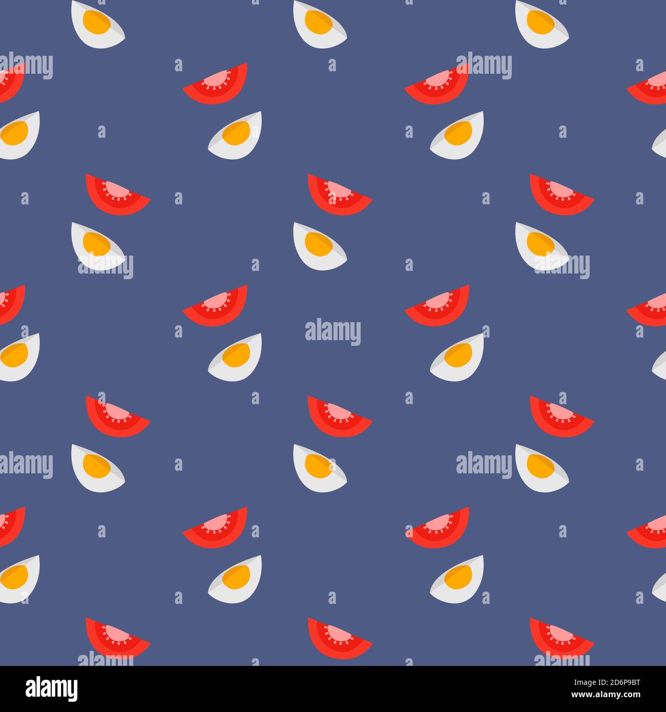 Cut tomato and eggs,seamless pattern on purple background. Stock Vector