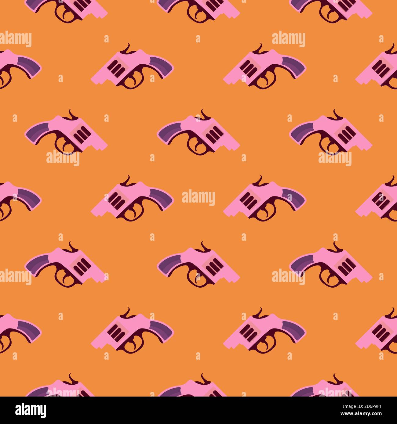 Pink handgun,seamless pattern on orange background. Stock Vector