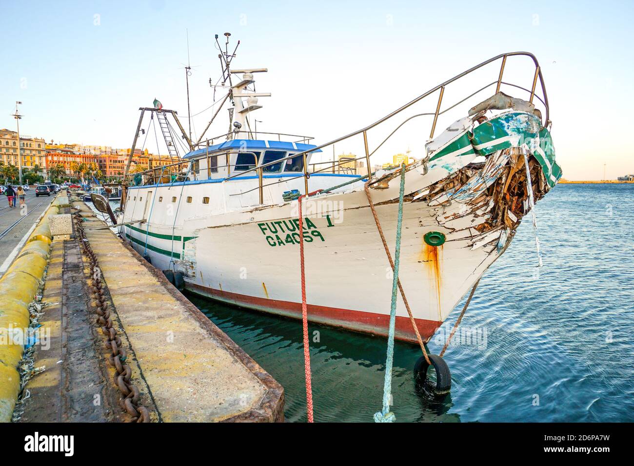 fishing boat with broken bow, marine accident, boat crash Stock Photo