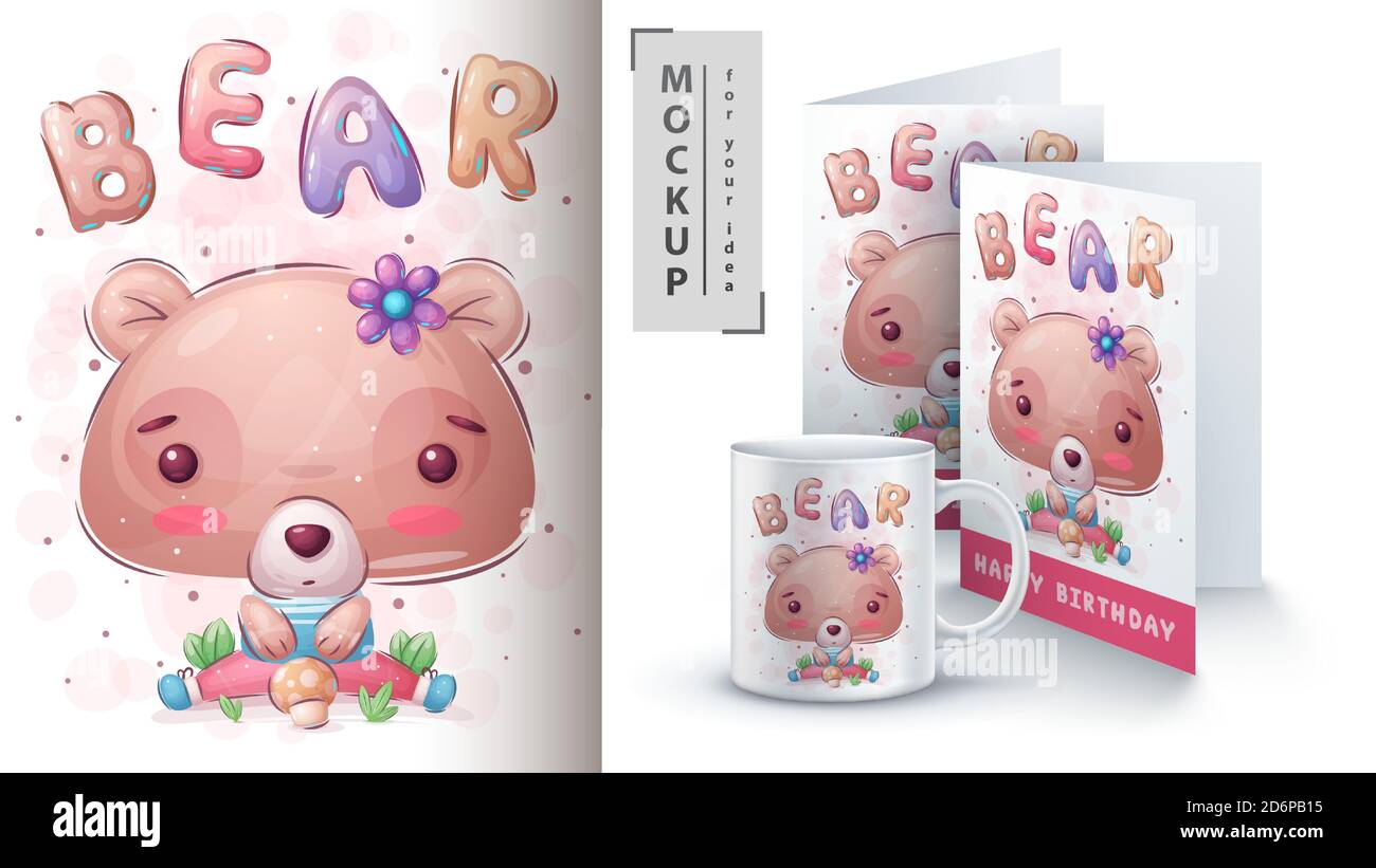 Cute bear - poster and merchandising. Stock Vector