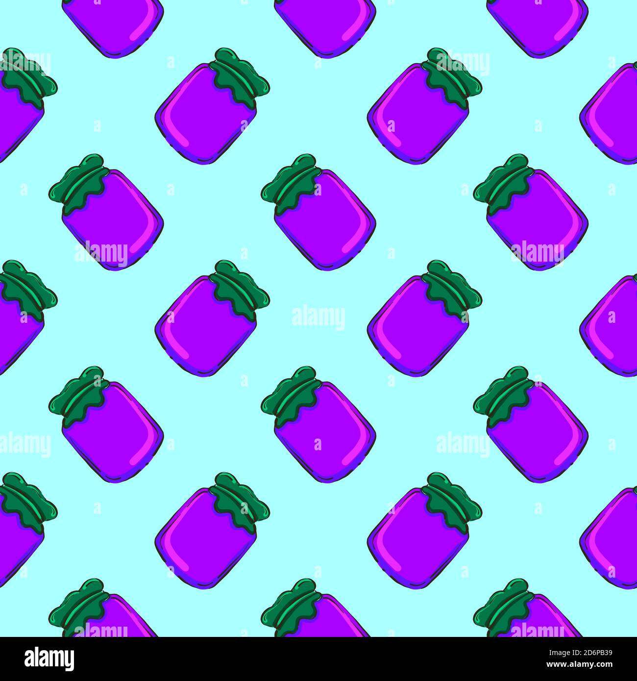 Purple jar with green lid,seamless pattern on light blue background. Stock Vector