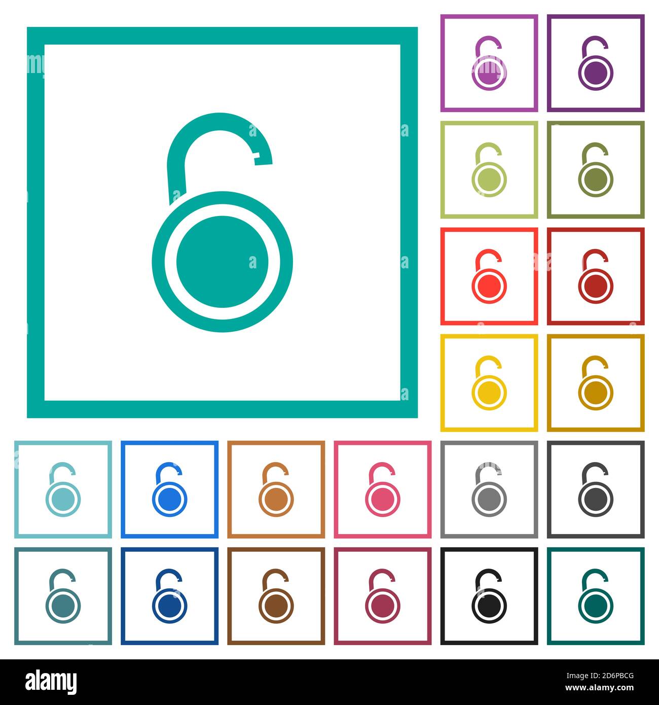 Unlocked round padlock flat color icons with quadrant frames on white ...