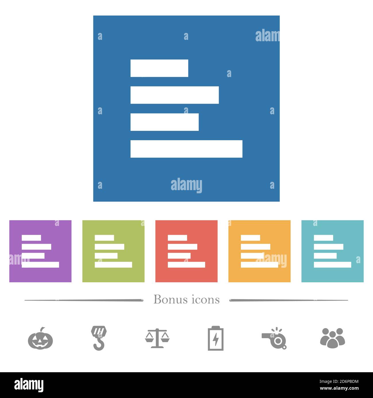 Text align left flat white icons in square backgrounds. 6 bonus icons ...
